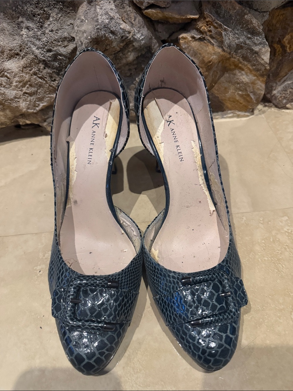 Anne Klein Blue Croc-Texture Pointed-Toe Pumps with Buckle Accent